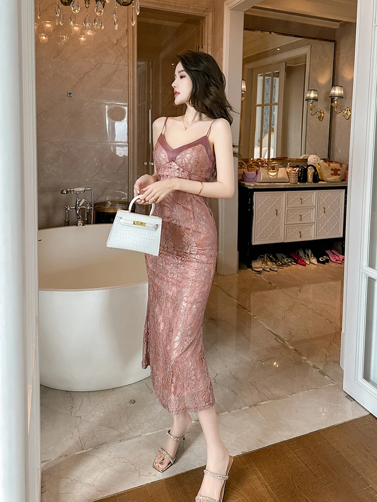 Women's Sexy Fishtail Dress Summer Lace French sle Socialite High end Slim fit Pure Desire Sle Suspender Long dress