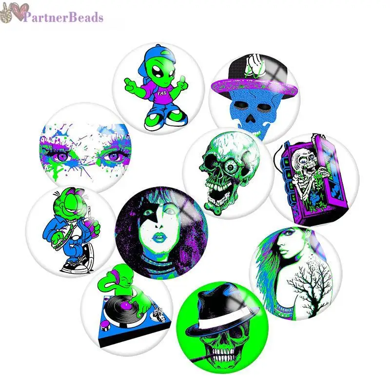 

Original Graffiti Skull Blue Round Photo Glass Cabochon Demo Flat Back Making Findings 20mm Snap Button N3961