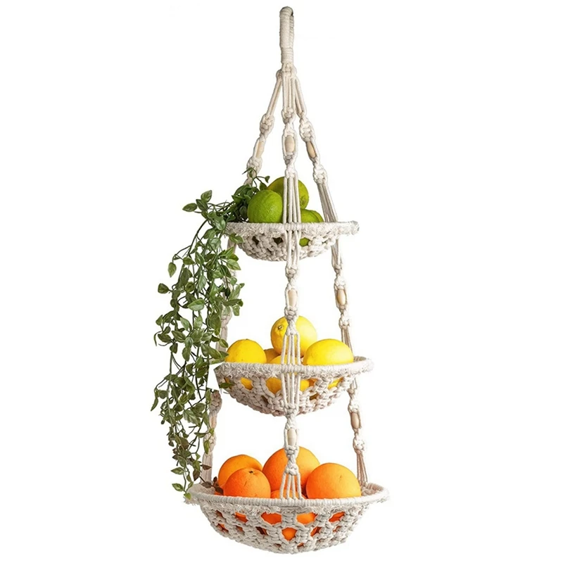 

Подвесная корзина для фруктов макраме, гамак для фруктов макраме для кухни, настенная подвесная корзина для фруктов, трехуровневая подвесн...