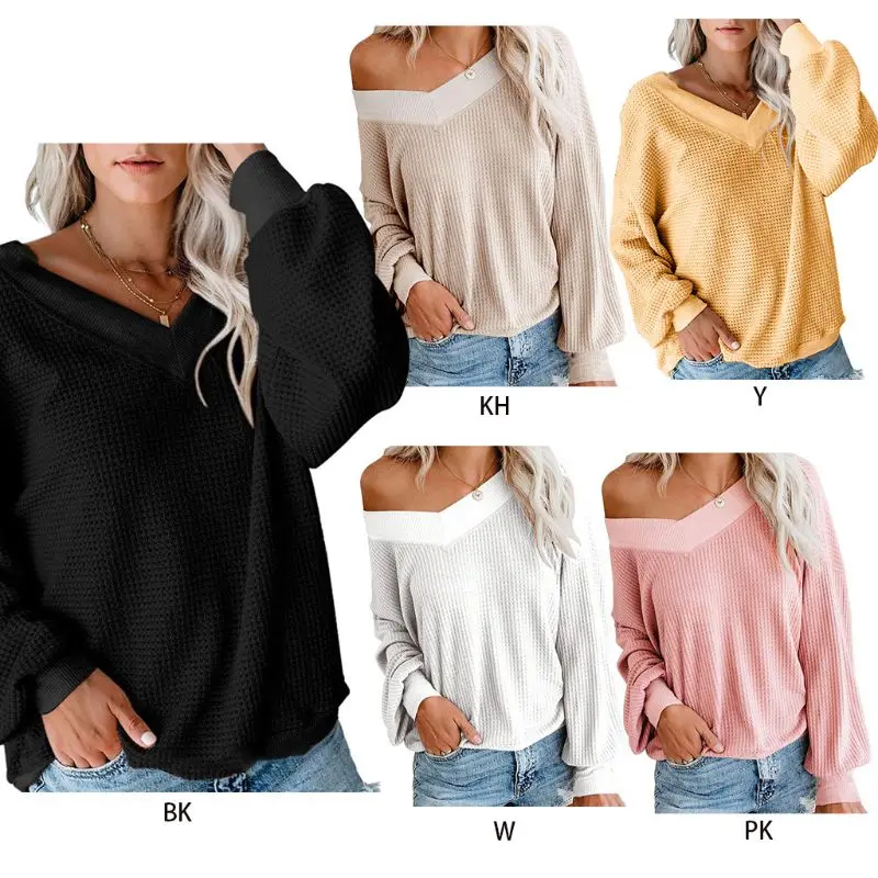 

Women Autumn Knit Solid Color Pullover Tops Sexy V-Neck Drop Shoulder Shi