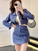 spring fall vintage plaid two piece set women crop top short jacket coat skirts sets female fashion high street 2 piece suits