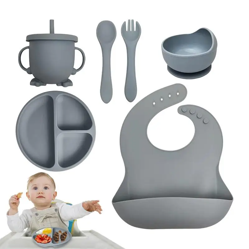 

Food-safe Divided Suction Plate And Bowl Set Silicone Baby Meal Set Led Weaning Supplies For Baby Boys And Girls To Easily Eat