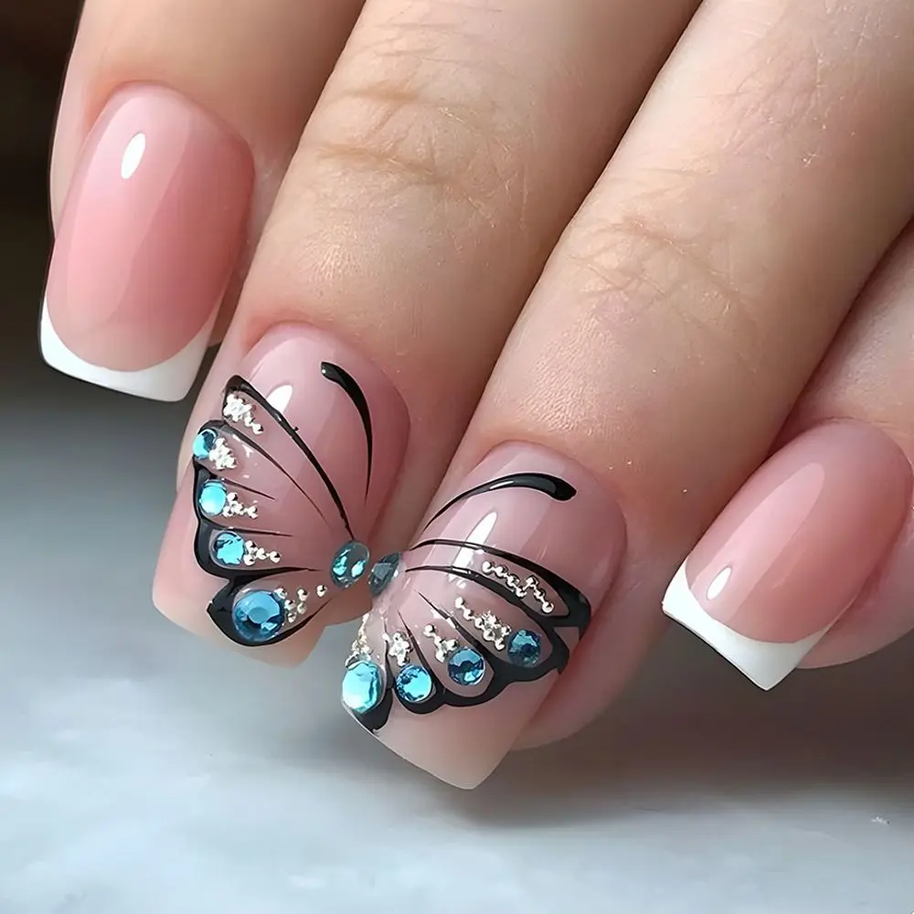 

24pcs Square Head False Nail Butterfly French Fake Nail Full Cover Nail Tips Press on Nail Detachable Waterproof Faux Fingernail