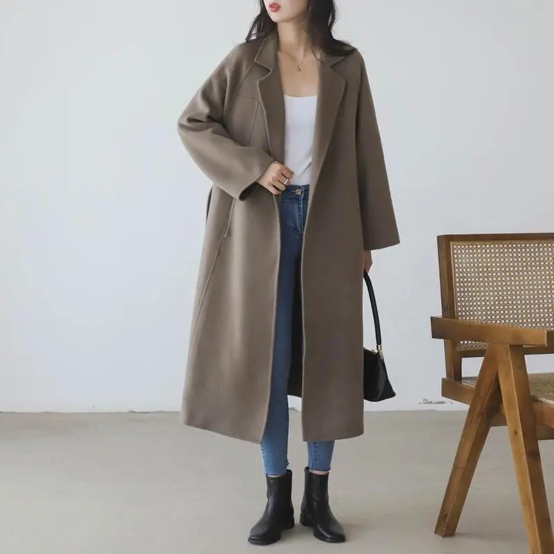 

Повседневное твидовое пальто 2023, модное двухстороннее кашемировое пальто, Женское зимнее пальто средней длины, Свободное пальто выше колена