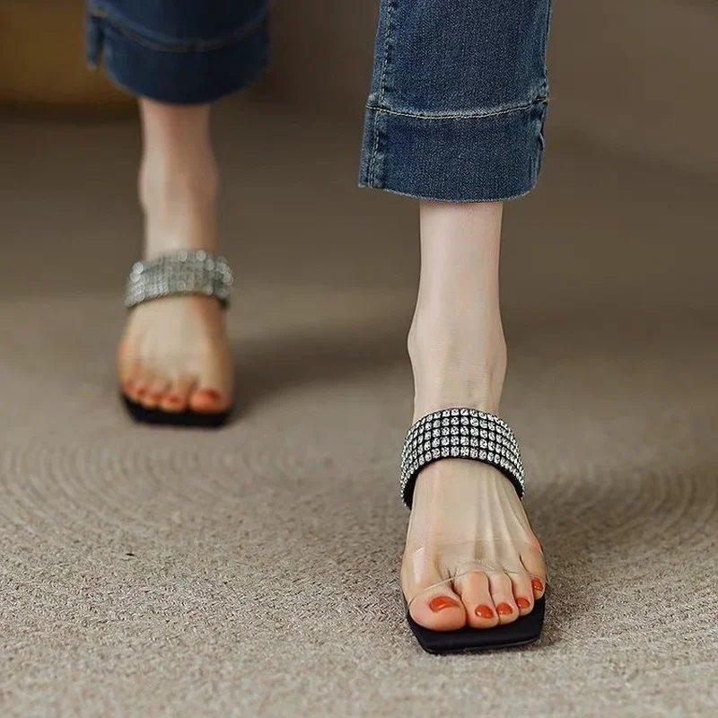 NEW Design Clear PVC Transparent Crystal High Heel Slippers Summer Fashion Slip on Square Toe Slides Women Mules Pumps