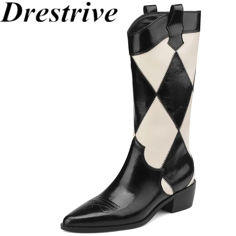 

Drestrive Cow Leather 2022 Fashion Women Mid Calf Boots Thick Heels Pointed Toe Patchwork Slip On Mixed Colors Winter Shoes