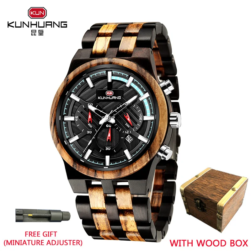 

KUNHUAN Zebra Wood Wooden Watch Men sports clock Top Brand Luxury Fashion Chronograph Wooden Box Quartz Watch Orologio da uomo