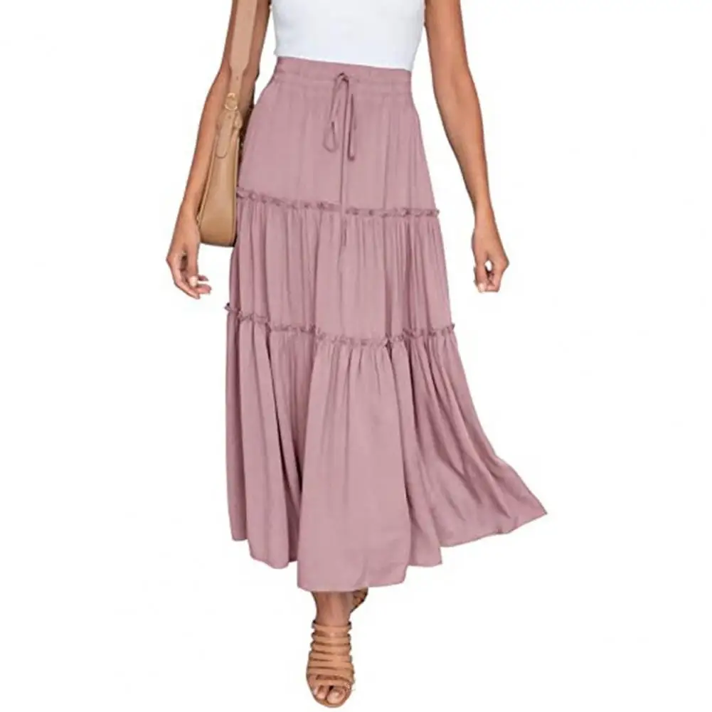 

Women All-match Skirt Solid Color Pleated Large Hem Elastic High Waist Boho A Line Ruffle Swing Maxi Skirt for Beach Vacation