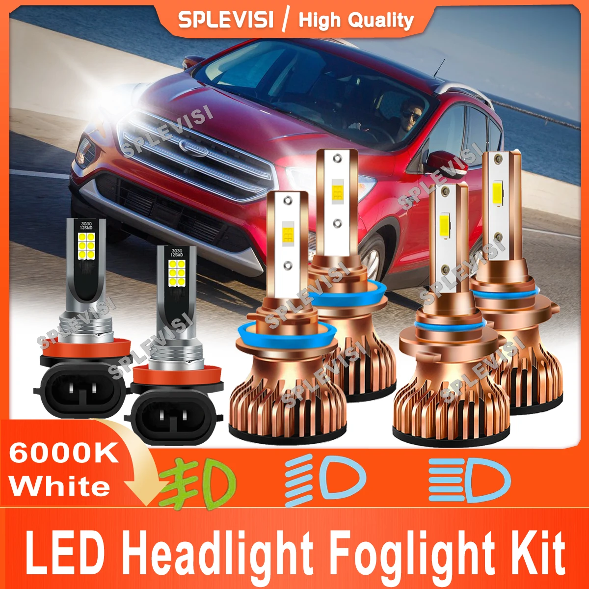 

SPLEVISI Led CSP Chips Clear White Replace For Ford Escape 2019 2020 2021 2022 Led Headlight High Low Beam Foglamp Kit Car Light