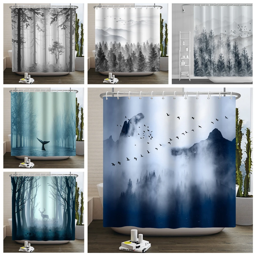 

Misty Forest Shower Curtains Ink Mountain Natural Woodland Scenery Home Bathroom Curtain Waterproof Polyester Fabric with Hooks