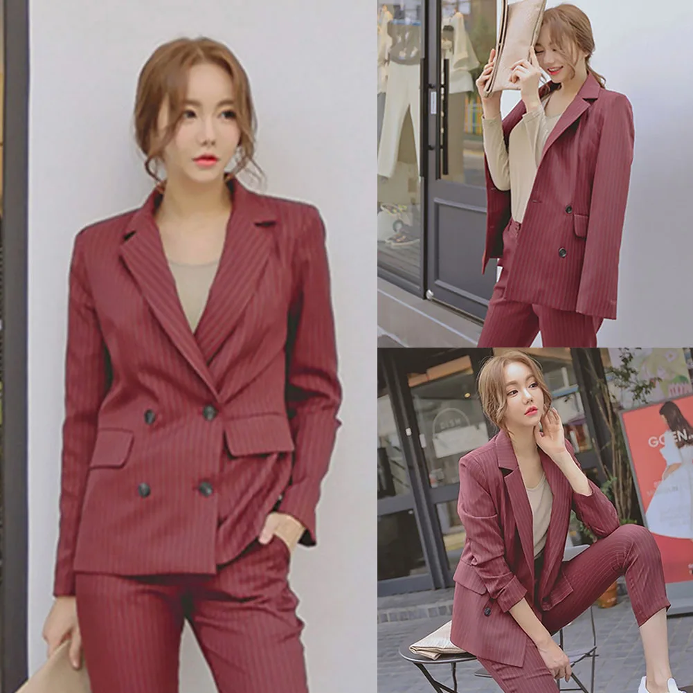 

Модный осенний изысканный офисный костюм из полиэстера с брюками и длинным рукавом, двубортные полосатые костюмы, комплект