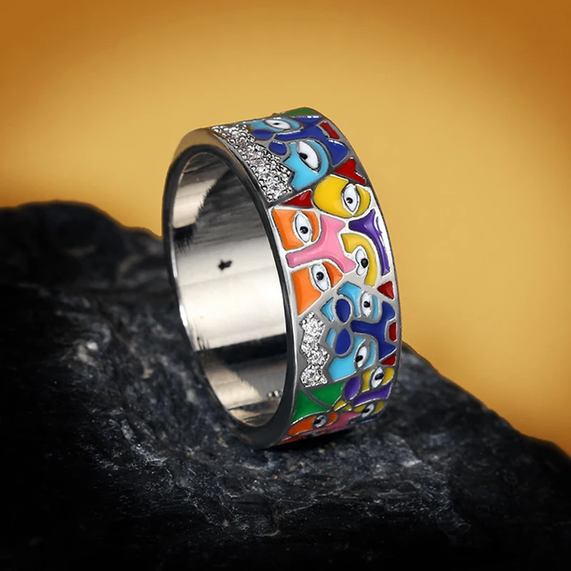 

2022 цветные яркие эмалевые гравированные милые турецкие кольца для глаз широкие золотые кольца вечности для женщин