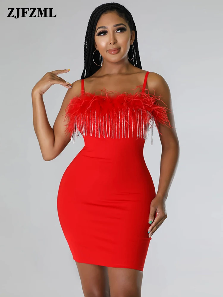 

Soft Feather Patchwork Package Hip Mini Dress Women Strapless Spaghetti Strap Skinny Dress Elegant Back Zipper Backless Vestido
