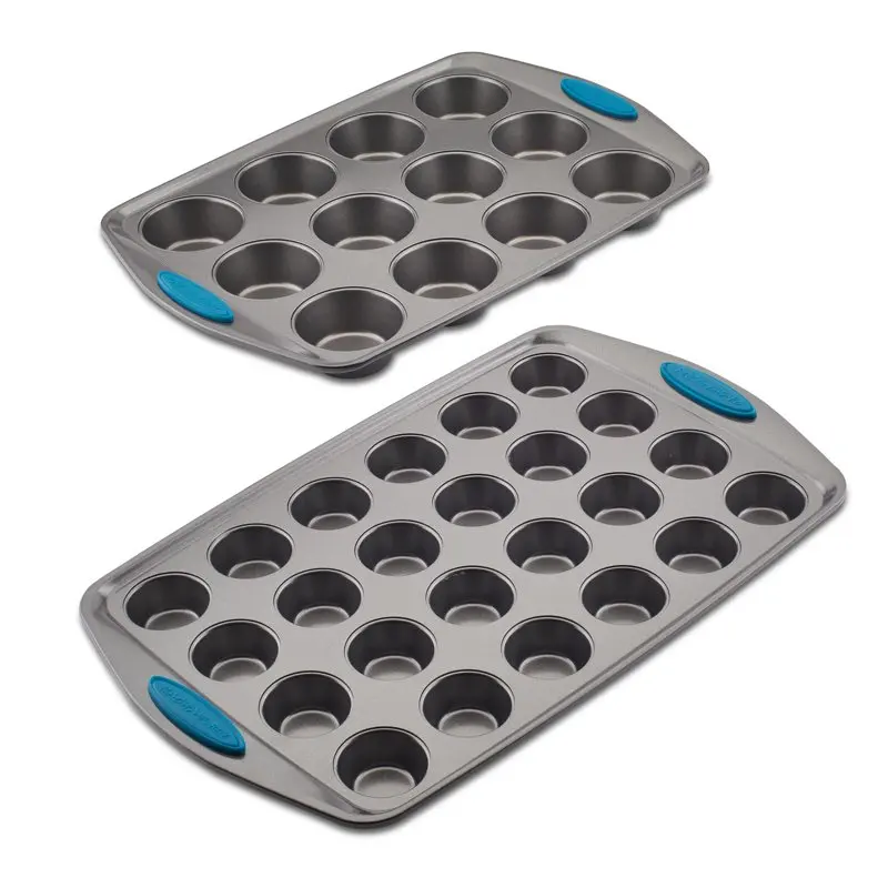 

Rachael Ray Yum-o! Nonstick Bakeware Mini Muffin and Cupcake Pan Set, 2-Piece, Gray with Marine Blue Handles