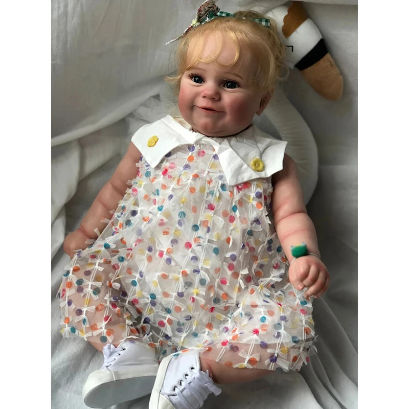 

60CM Huge Baby Size Reborn Doll Maddie Girl with Blonde Long Curly Hair 3D Skin Multiple Layers Painting with Visible Veins