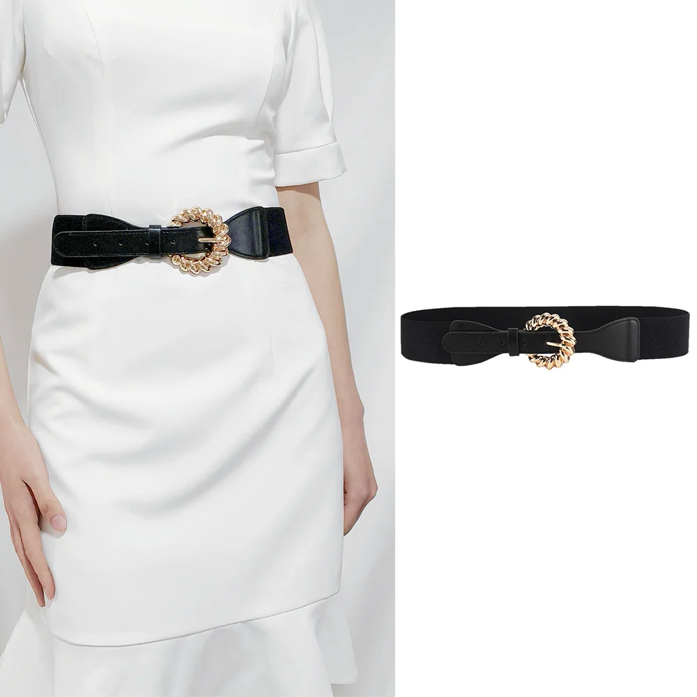 Fashion PU Leather Elastic Wide Belts for Women Stretch Thick Waist Dress Plus Size Buckle