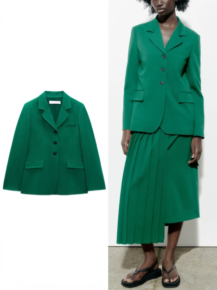 

ZBZA Women's New Lapel Collar Long Sleeves Flap Pockets Single-breasted Straight Cut Blazer Commuter Casual Straight Fit Suit