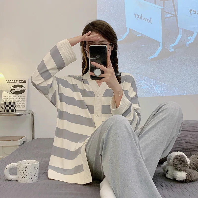 Yasuk Spring Autumn Fashion Women Casual Soft Stripes Sleepwear Homewear Pajamas With Pants Simple Elasticity Cotton