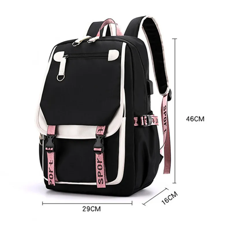 large school bags for teenage girls USB port canvas schoolbag student book bag fashion black pink teen school backpack