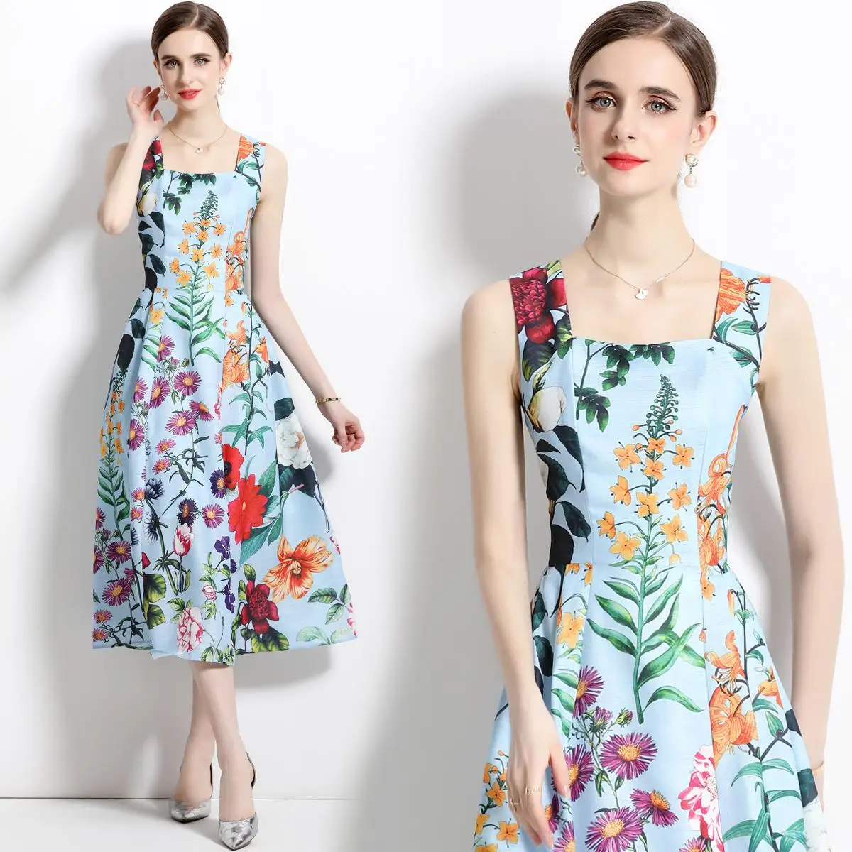 

2023 new summer French vintage print high-waisted halter dress