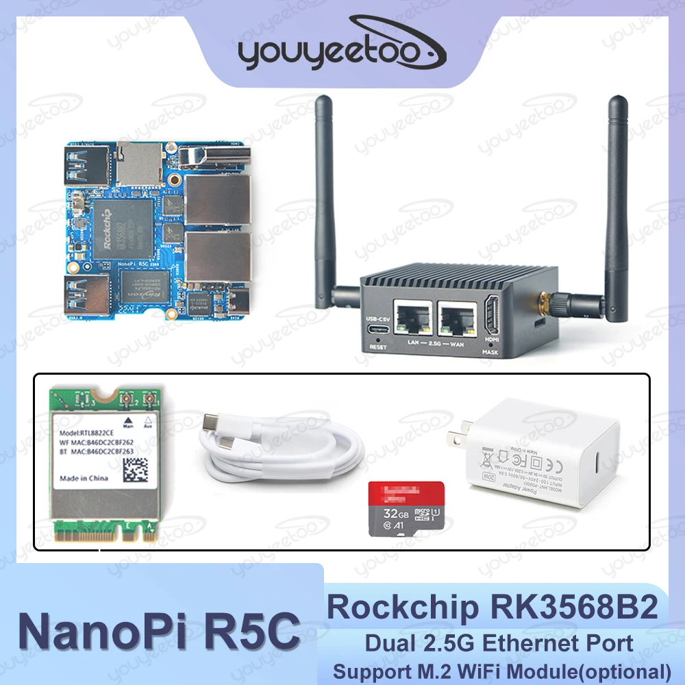 Фото Плата разработки NanoPi R5C Rockchip RK3568B2 Openwrt Soft Router Двойной порт Ethernet 2,5G с модулем Wi-Fi M.2 FriendlyWrt №1