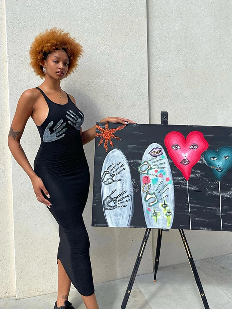 

Платье женское длинное с принтом, винтажное Дизайнерское черное платье на бретелях-спагетти, без рукавов, уличвечерние одежда, вечерняя оде...