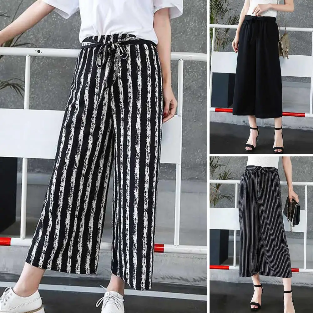 

Women Pants High Waist Elastic Waistband Cropped Pants Belt Vertical Striped Print Thin Women Wide Leg Casual Pants Streetwear