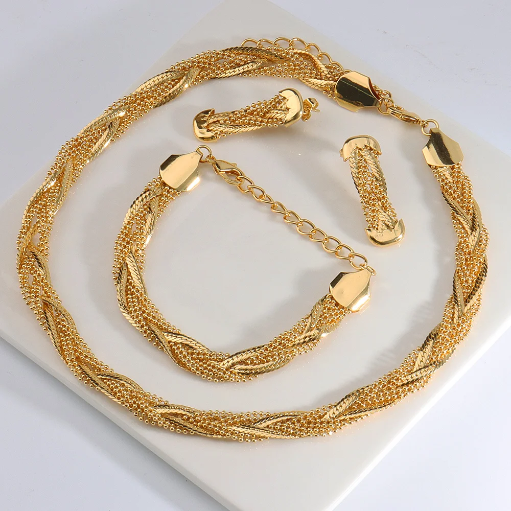 

Dubai Gold Color Jewelry Sets for Women African Stud Earrings Costume Necklace Bracelet for Girls Clothing Anniversary Gift