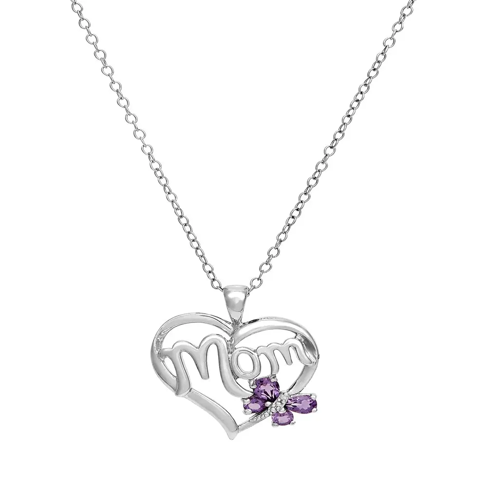 

Purple Amethyst Diamond Mom Heart Pendant in Sterling Silver,18"