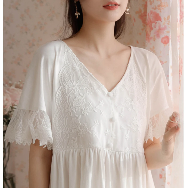 Summer Cotton Mini Night Dress Women White Sexy Lace Short Sleeve Nighty Princess Sleepwear Sweet Vintage Nightgowns Home Wear