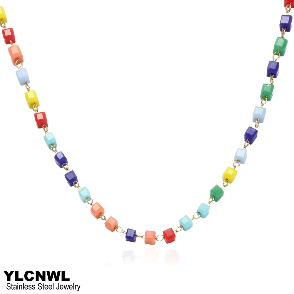 

Colorful Crystals Bead Necklaces For Women Stainless Steel Bohemian Necklace Charm Luxury Chain Choker Female Jewelry 16-30 Inch