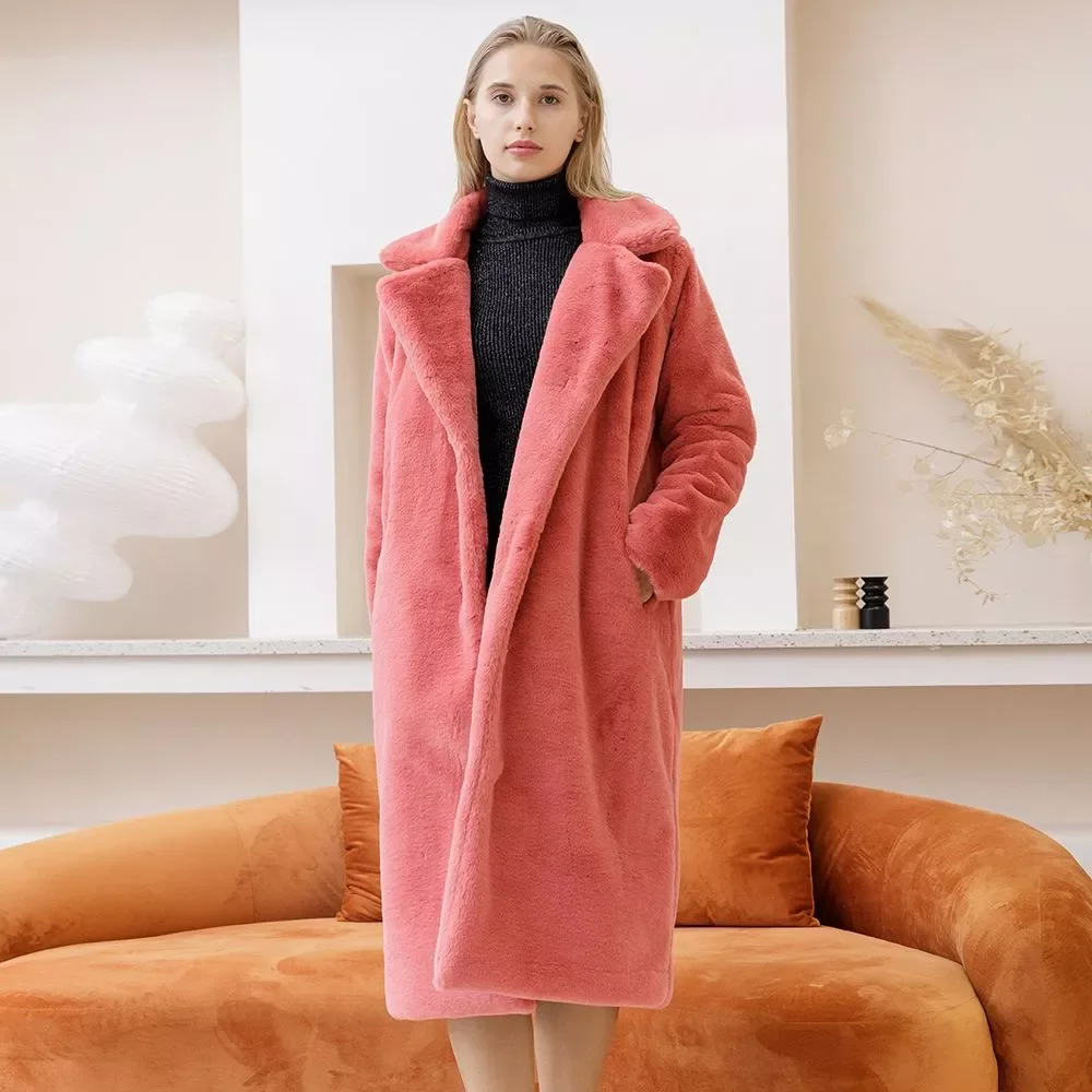 New2022 Fashion Faux Fur Coat Autumn Winter Women Casual Warm Slim Long Faux Mink Fur Pocket Winter Coat Women Fur Jacket