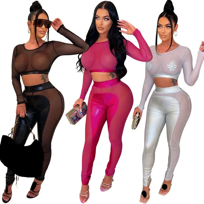 

WUHE Sexy Party Two Piece Women Mesh See Through Crop Top and Patchwork Leggings Matching Sets Night Club Rave Festival Outfits