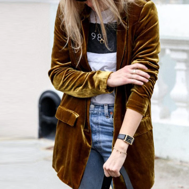 

Fashion Turn-down Collar Blazers Cardigan Autumn Elegant Gold Velvet Loose Office Jackets Winter Casual Long Sleeve Solid Coats