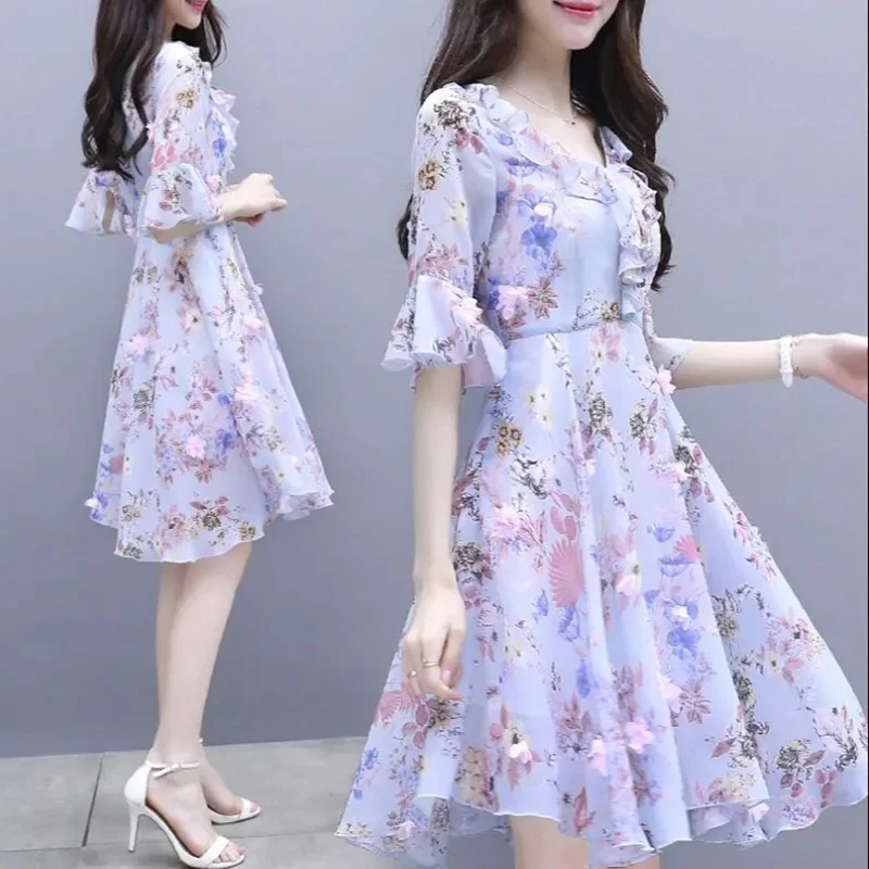 

Korean Printted Chiffon Dresses New Women Irregular Floral Mid-length A-line Dress Summer Boho Robes Beach Slim Vestido Dresses