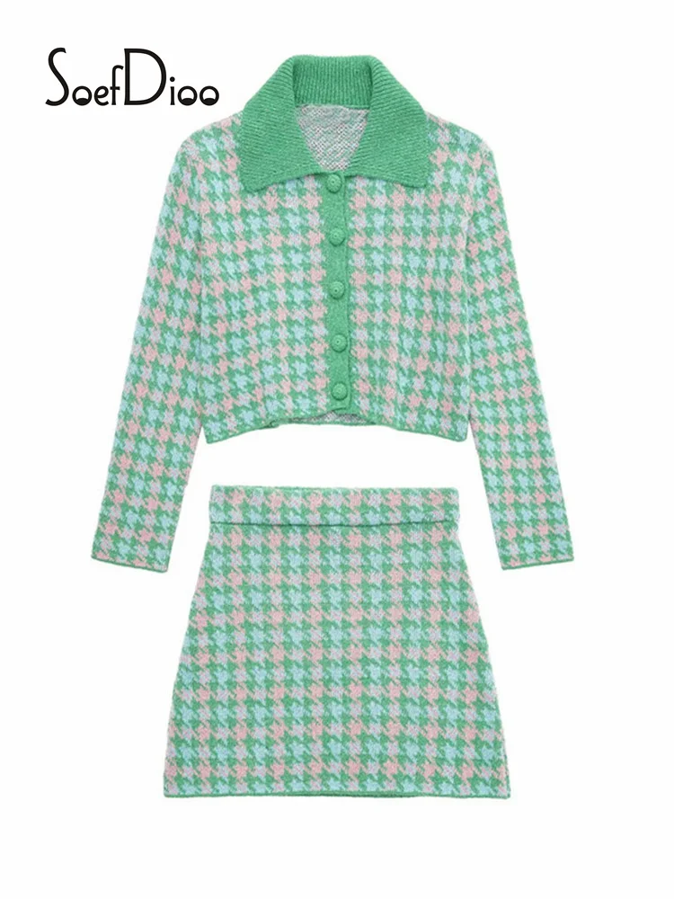 

Soefdioo Knitted Patchwork Lapel Long Sleeve Single Breasted Tops and Mini Skirt Two Piece Sets Womens Outfits Autumn Streetwear