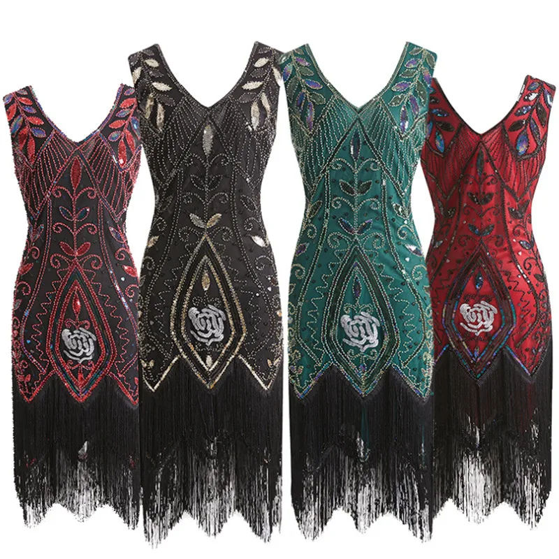 

1920s Vintage V-neck Beaded Gatsby Sequined Tassel Evening Dress