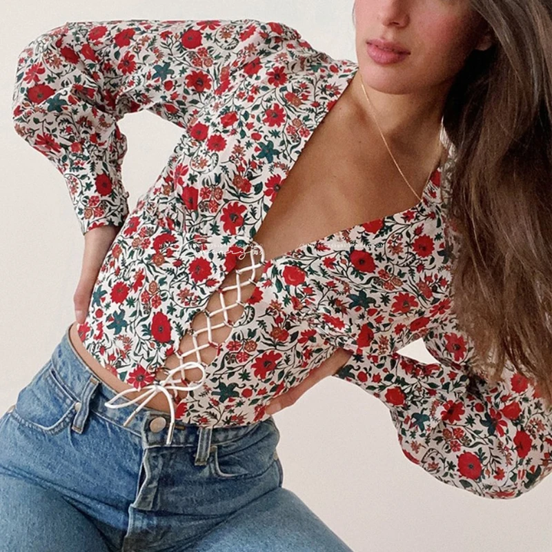 

Reform@tion Women's New Vintage Printed Long Sleeve Shirt Sexy Deep V Neck Cross Floral Tie Women's Shirts Women's Tops Shirts
