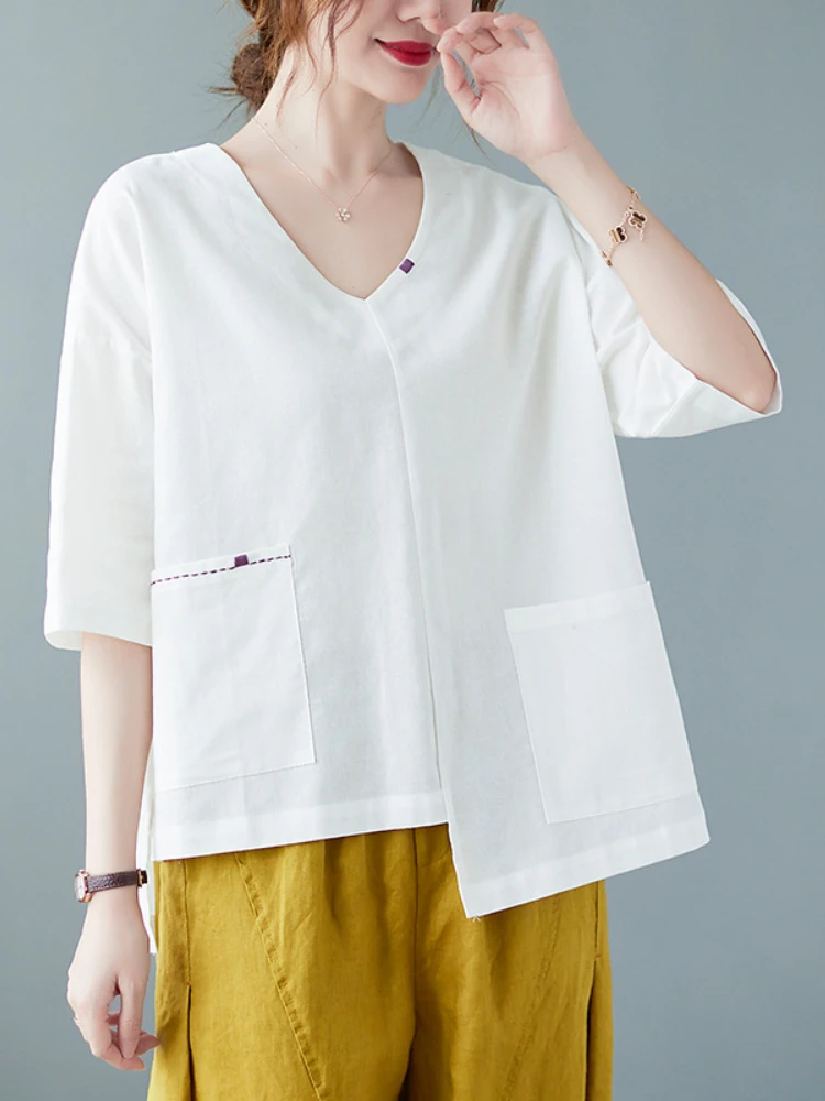 

Summer New Retro Literary Solid Color Cotton Linen Embroidery V-neck Loose Linen Short-sleeved T-shirt Top Fashion Clothing