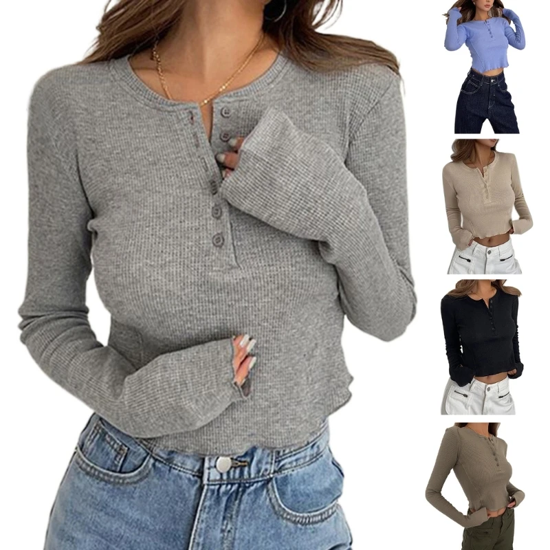 

Women Knit Long Sleeve T-Shirt Button Front Lettuce Hem Solid Slim Fit Crop Top Female Casual O-Neck Pullover Blouse Shirt