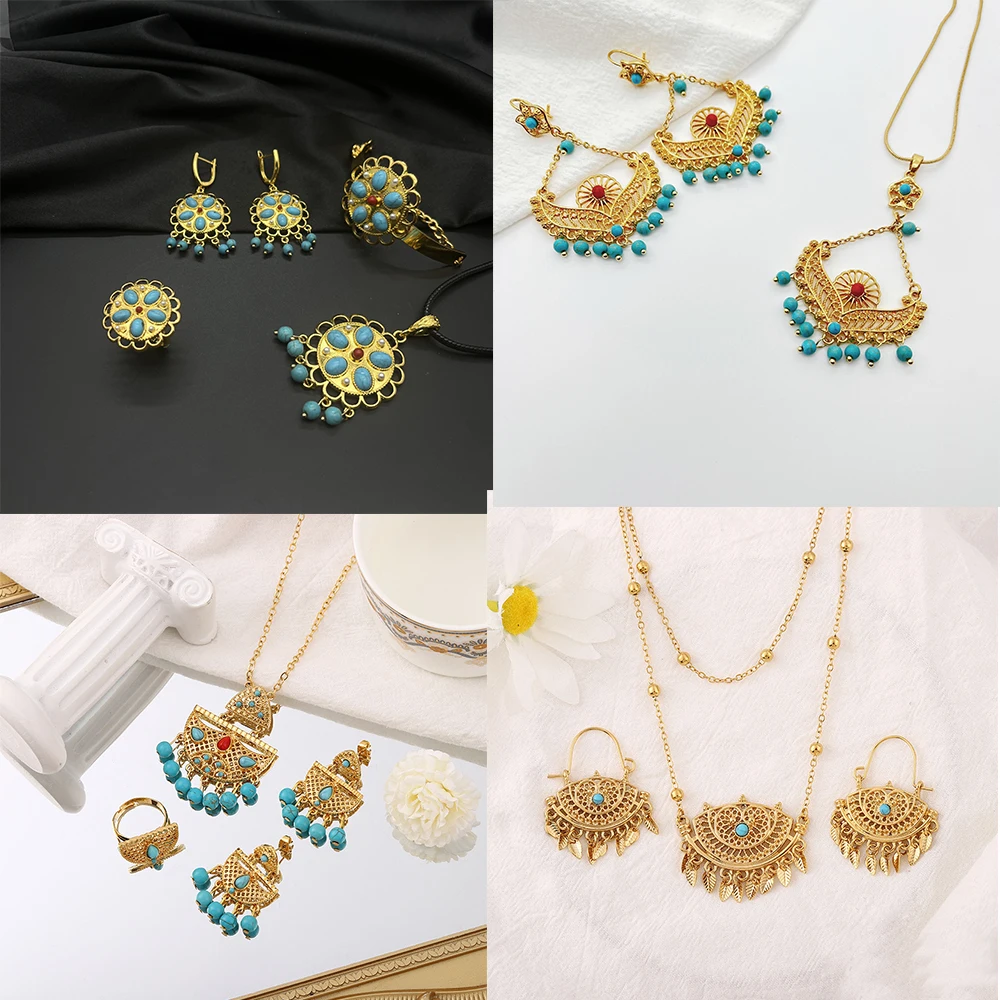 

Fashion Women Necklace & Earring & Ring Hollow Out Dubai Arabian style Turquoise ruby Necklace Middle East Jewelry Set