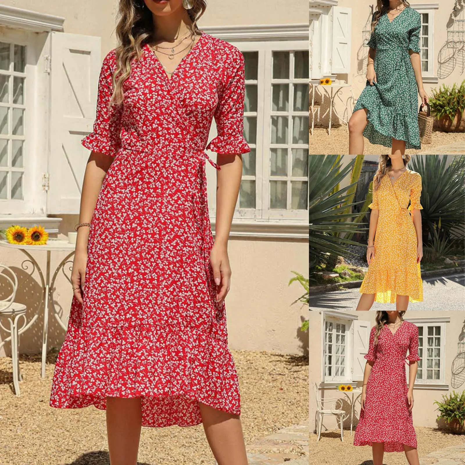 

Женское повседневное модное платье с цветочным принтом, богемное элегантное сексуальное платье с V-образным вырезом, милые длинные платья трапециевидной формы с коротким рукавом для женщин