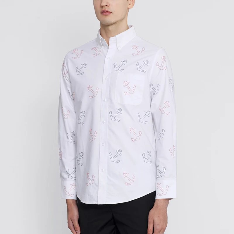 TB THOM Men's Shirt Clothing Solid White Top Fashion Brand Anchor Embroidery Slim Casual Fine Cotton Long Sleeve Women's Shirts