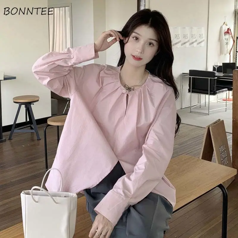 

Блузка женская розовая в стиле преппи, милый однотонный модный универсальный базовый топ с круглым вырезом, необычный дизайн, весна