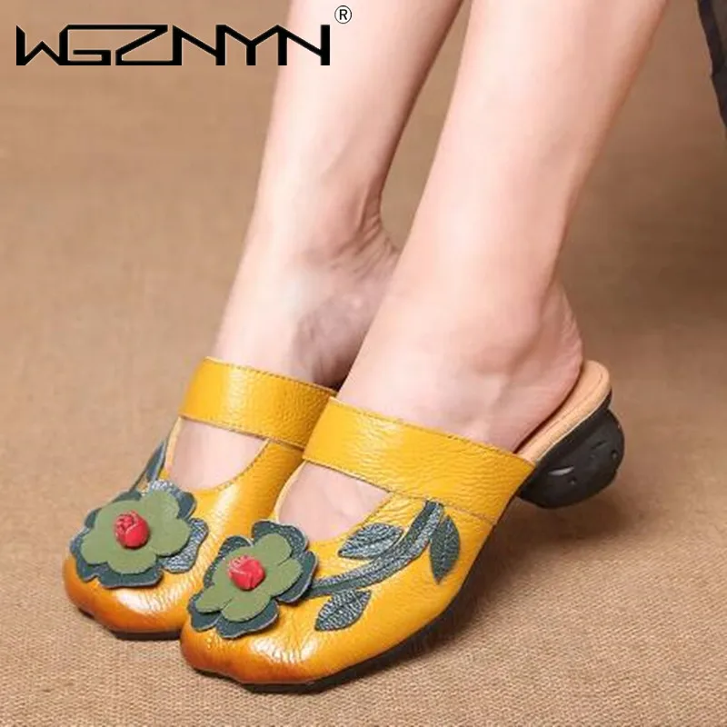 

NEW Fashion Women Flower Slippers Genuine Leather Shoes Handmade Slides Flip Flop on The Platform Clogs for Women Woman Slippers