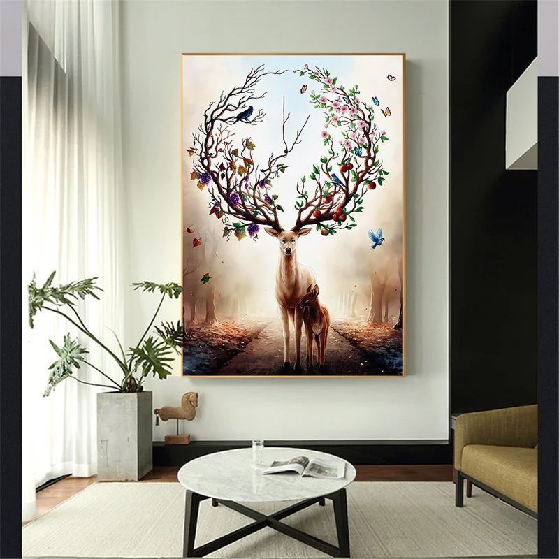 

Nordic Elk Deer Flowers And Butterflies Canvas Paintings Decorative Animals Pictures Prints and Posters for Living Room Decor