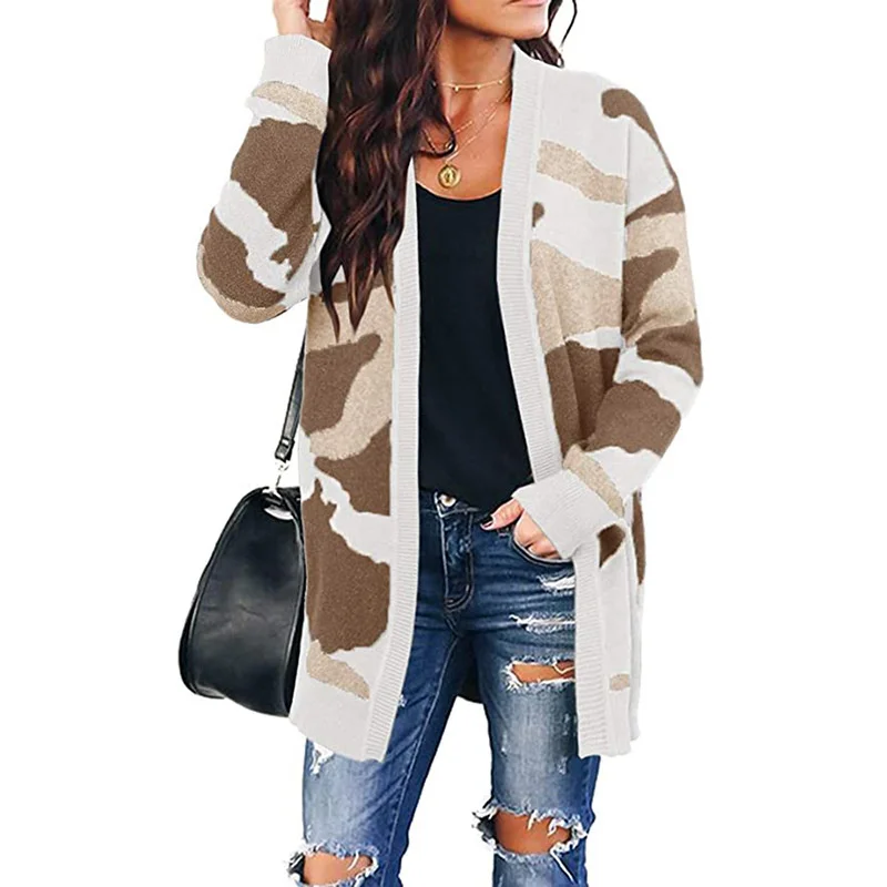 

2023 Autumn New Casual comfortable Sweater Women's Camo Mid length Knitted Cardigan fashion tops