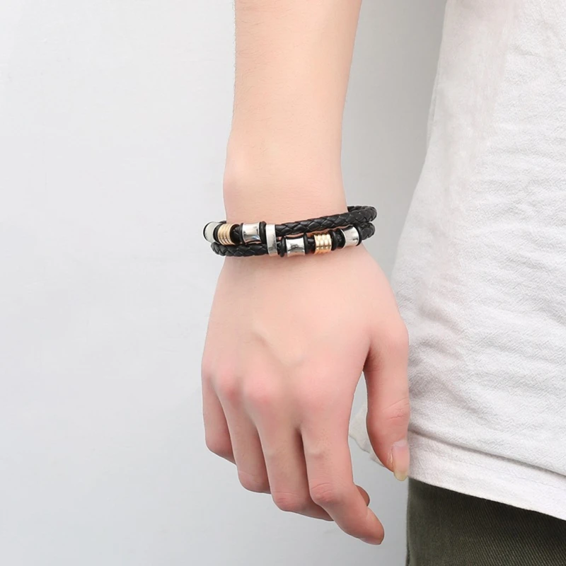 

Mens Double-Row Black Braided Leather Bracelet Bangle Wristband with Alloy Ornaments Punk Rock Bangles Male Jewelry