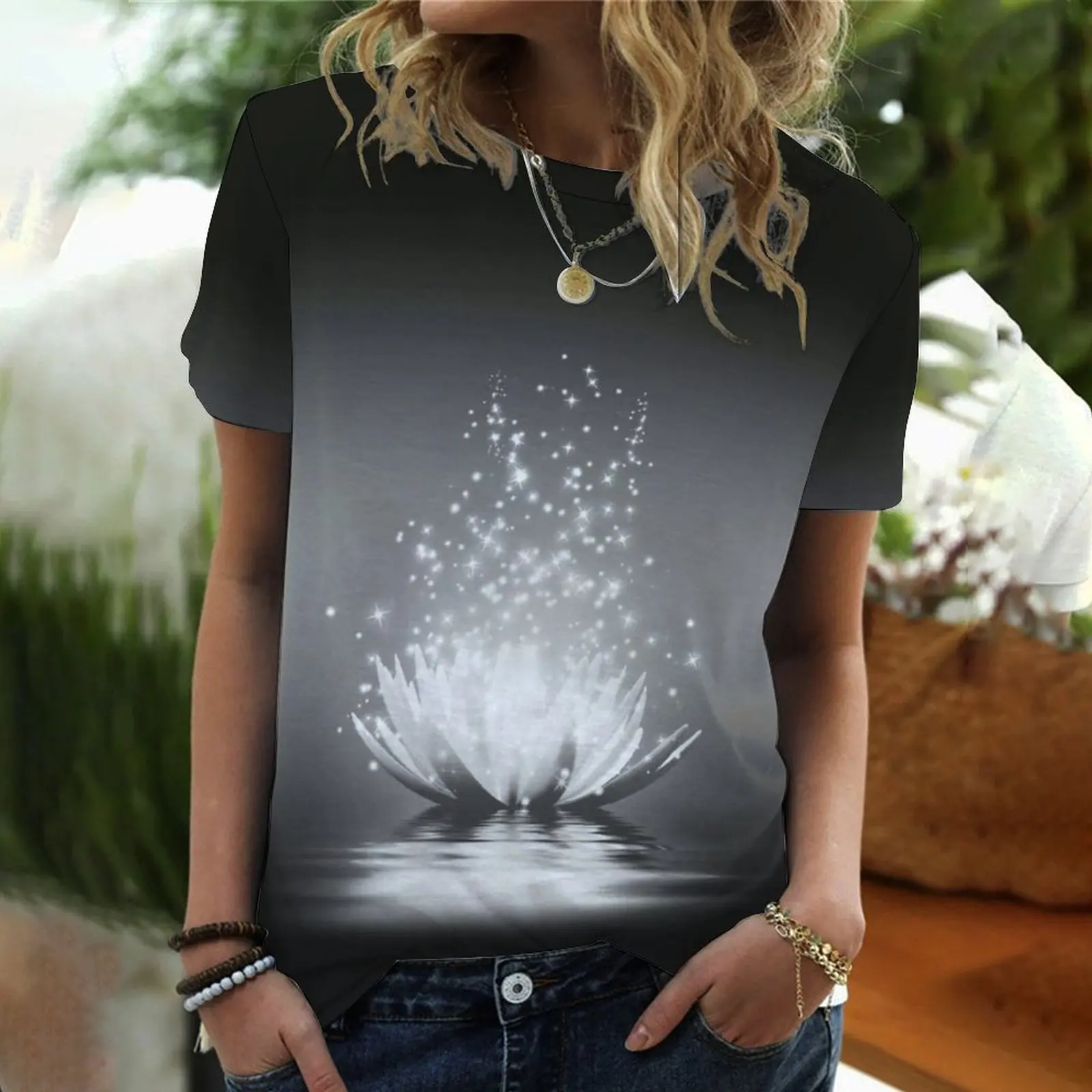 

European and American foreign trade women's clothing watercolor landscape floral print round neck short-sleeved women's T-shirt