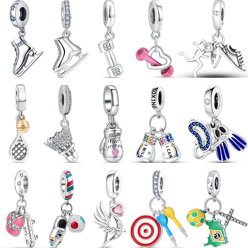 925 Silver Beads Skateboard Guantoni Da Boxe Muta Da Sub Manubri Badminton Calcio Sport Charm Fit Pandora 925 Braccialetto Originale